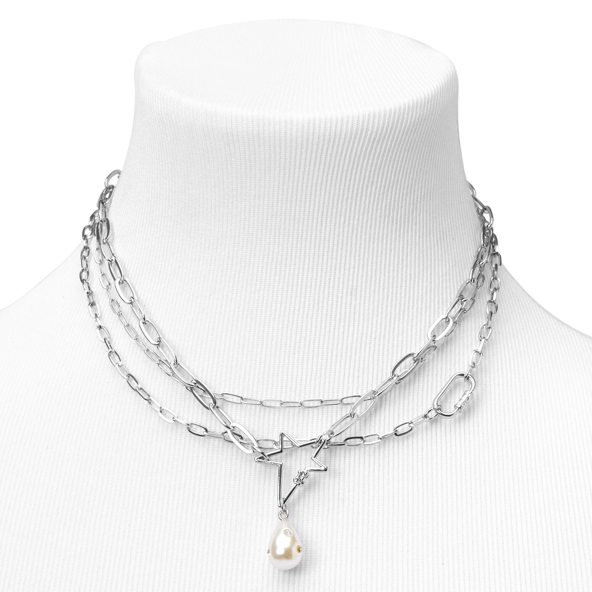 Silver Star and Pearl Chain Multi Strand Necklace,