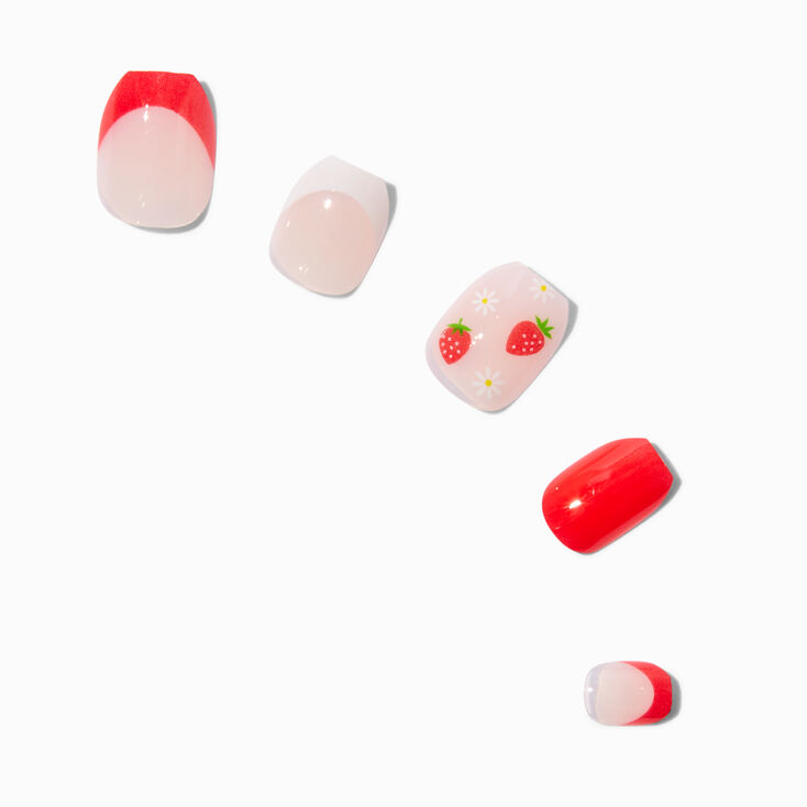 Strawberry French Tip Coffin Press On Faux Nail Set - 24 Pack,