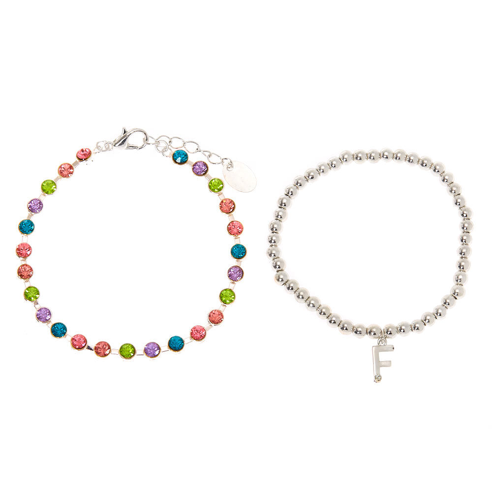 Coffret cadeau parure de bijoux à initiale F arc-en-ciel couleur argenté - Lot de 4,