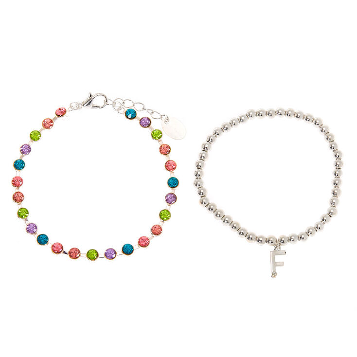 Silver Rainbow Initial Jewellery Gift Set - F, 4 Pack,