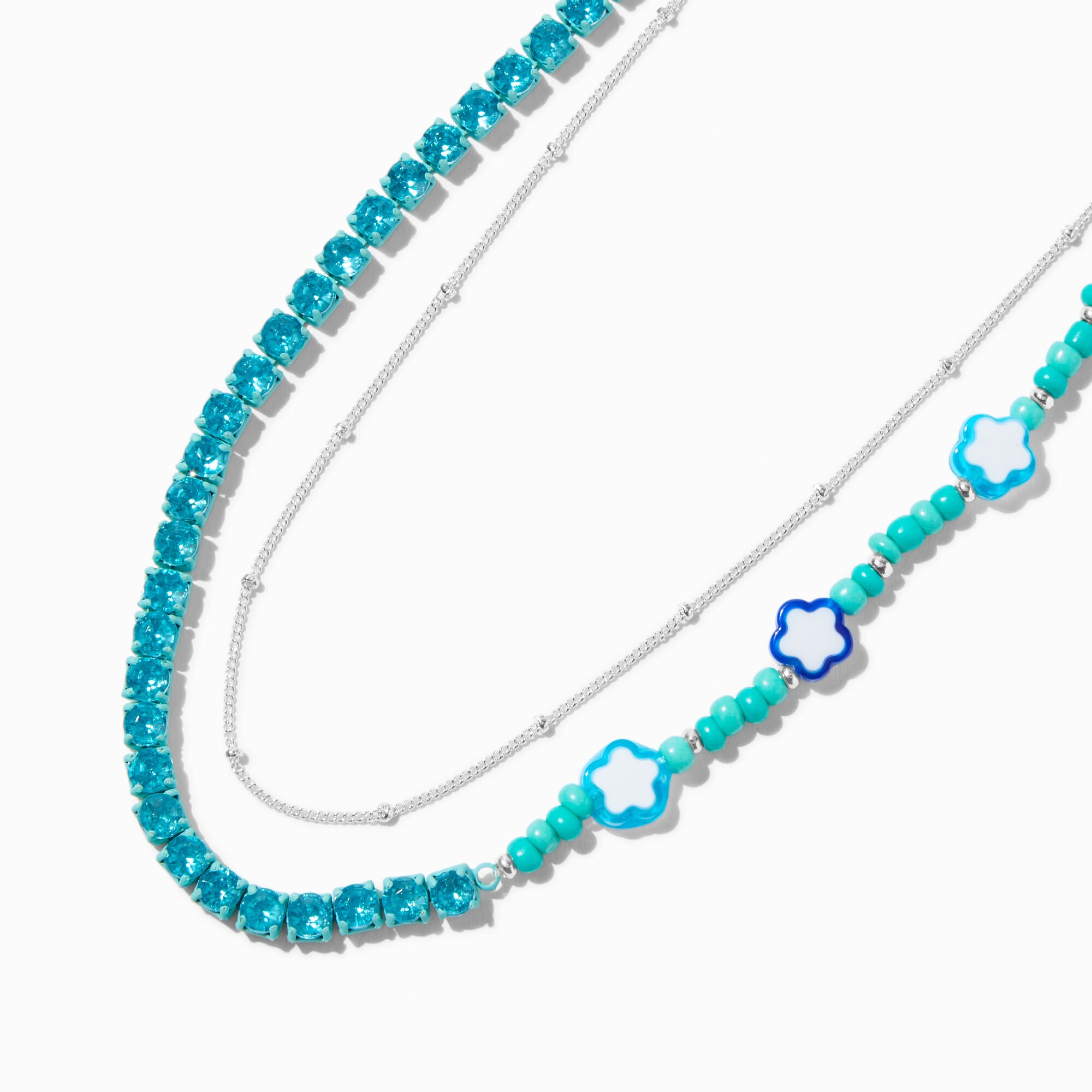 Blue Flower Beaded Silver-tone Chain Multi-Strand Necklace,