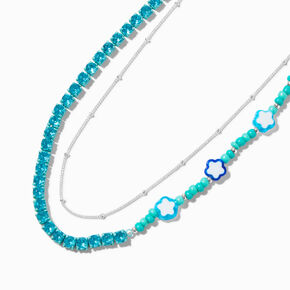Blue Flower Beaded Silver-tone Chain Multi-Strand Necklace,