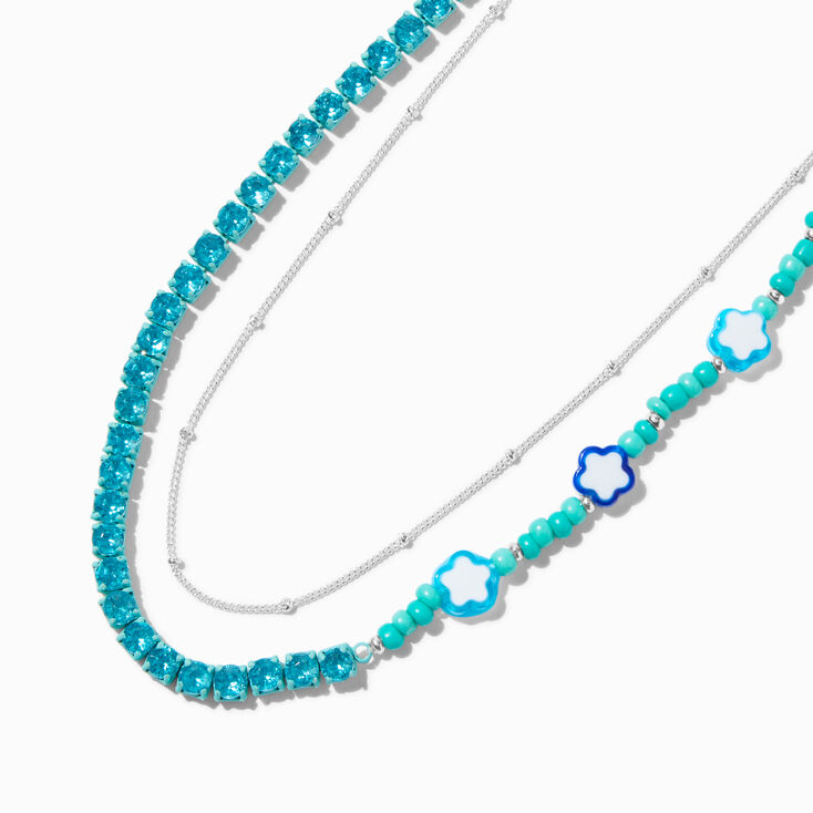 Blue Flower Beaded Silver-tone Chain Multi-Strand Necklace,