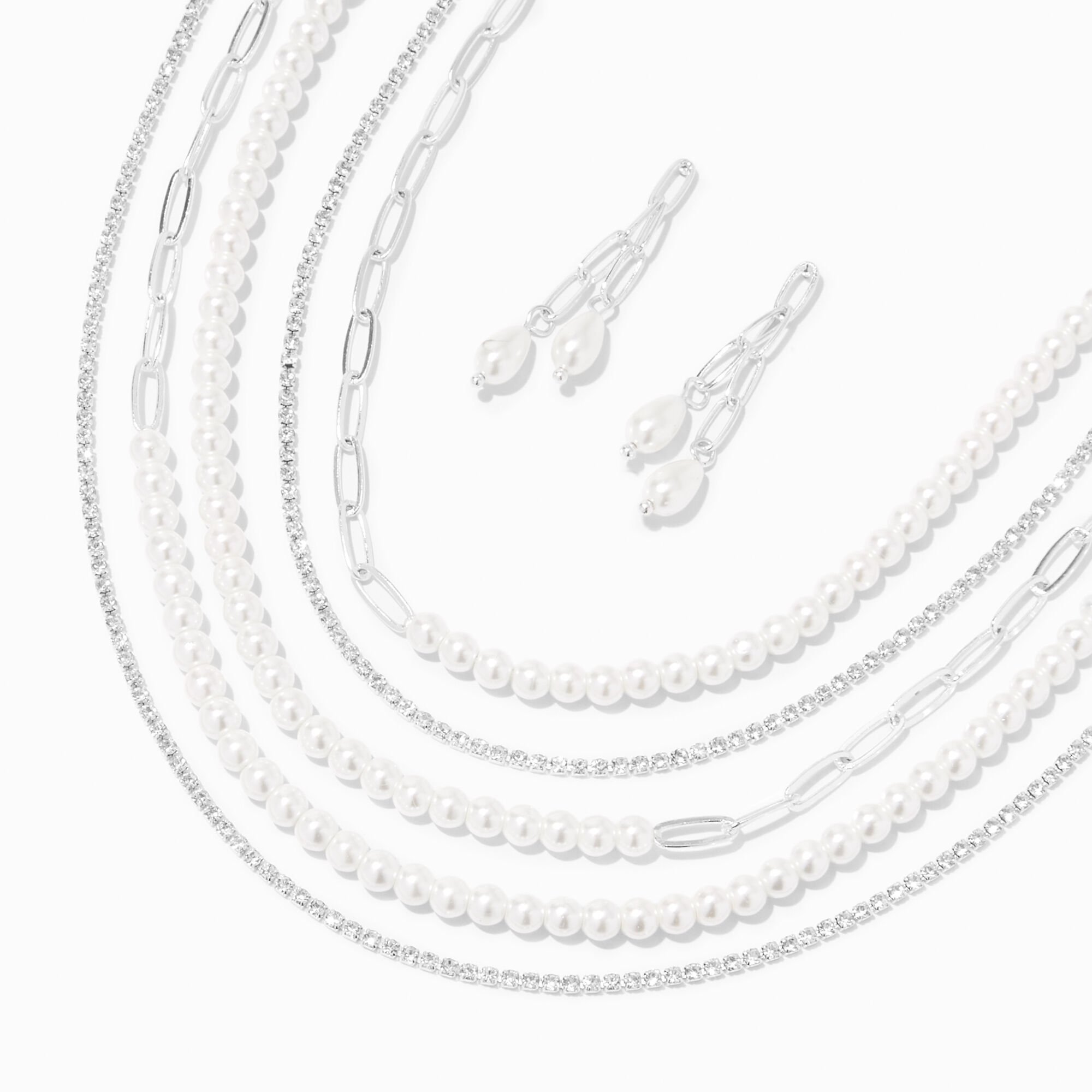View Claires Tone Pearl Multi Strand Paperclip Jewelry Set 2 Pack Silver information