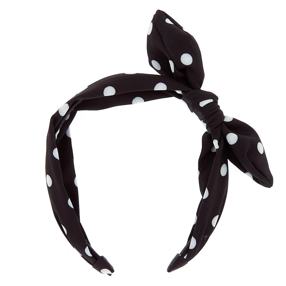 Polka Dot Knotted Bow Headband - Black,