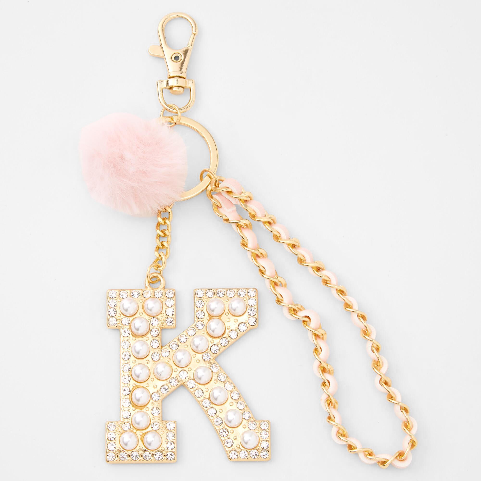 Gold Bling Initial Pom Pom Keychain - Pink, E