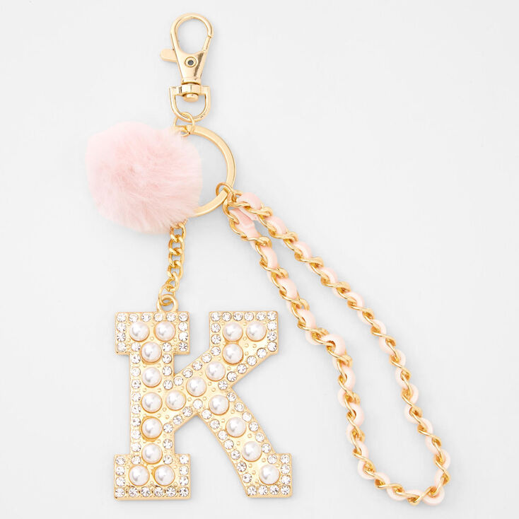 Gold Bling Initial Pom Pom Keychain - Pink, K,
