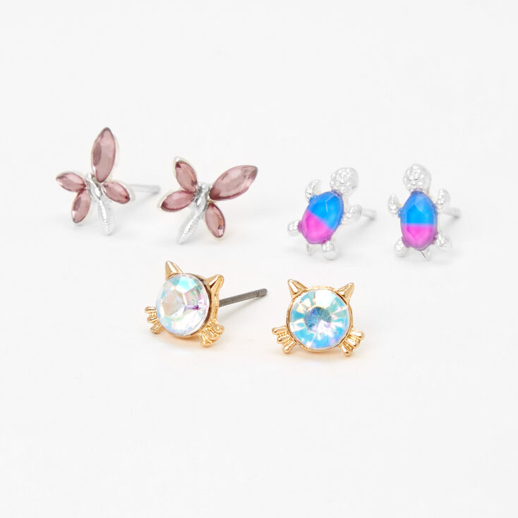 Cat, Dragonfly, &amp; Turtle Faux Crystal Stud Earrings - 3 Pack,