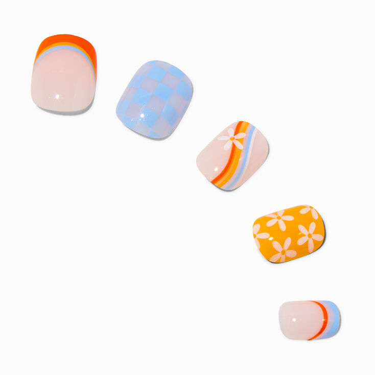 Multi Daisy Check Squoval Vegan Faux Nail Set - 24 Pack,