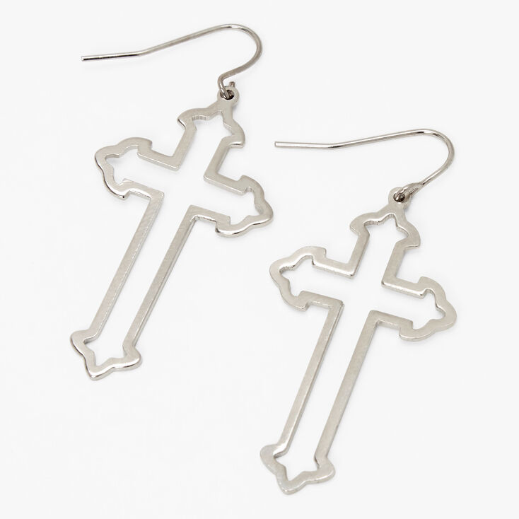 Silver Gothic Cross 1.5" Drop Earrings