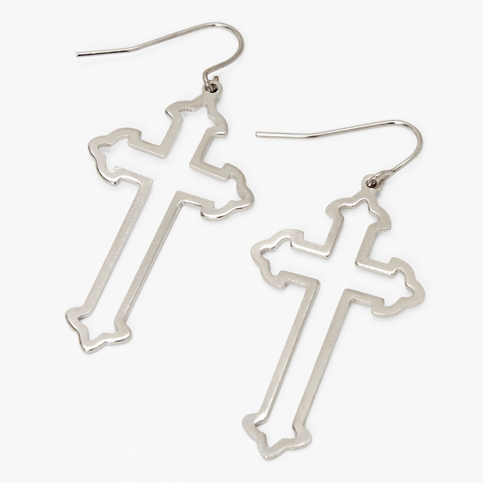 View Claires Tone Gothic Cross 15 Drop Earrings Silver information