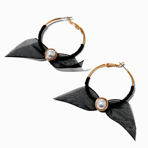 Black Organza Bow Gold-tone 30MM Hoop Earrings ,