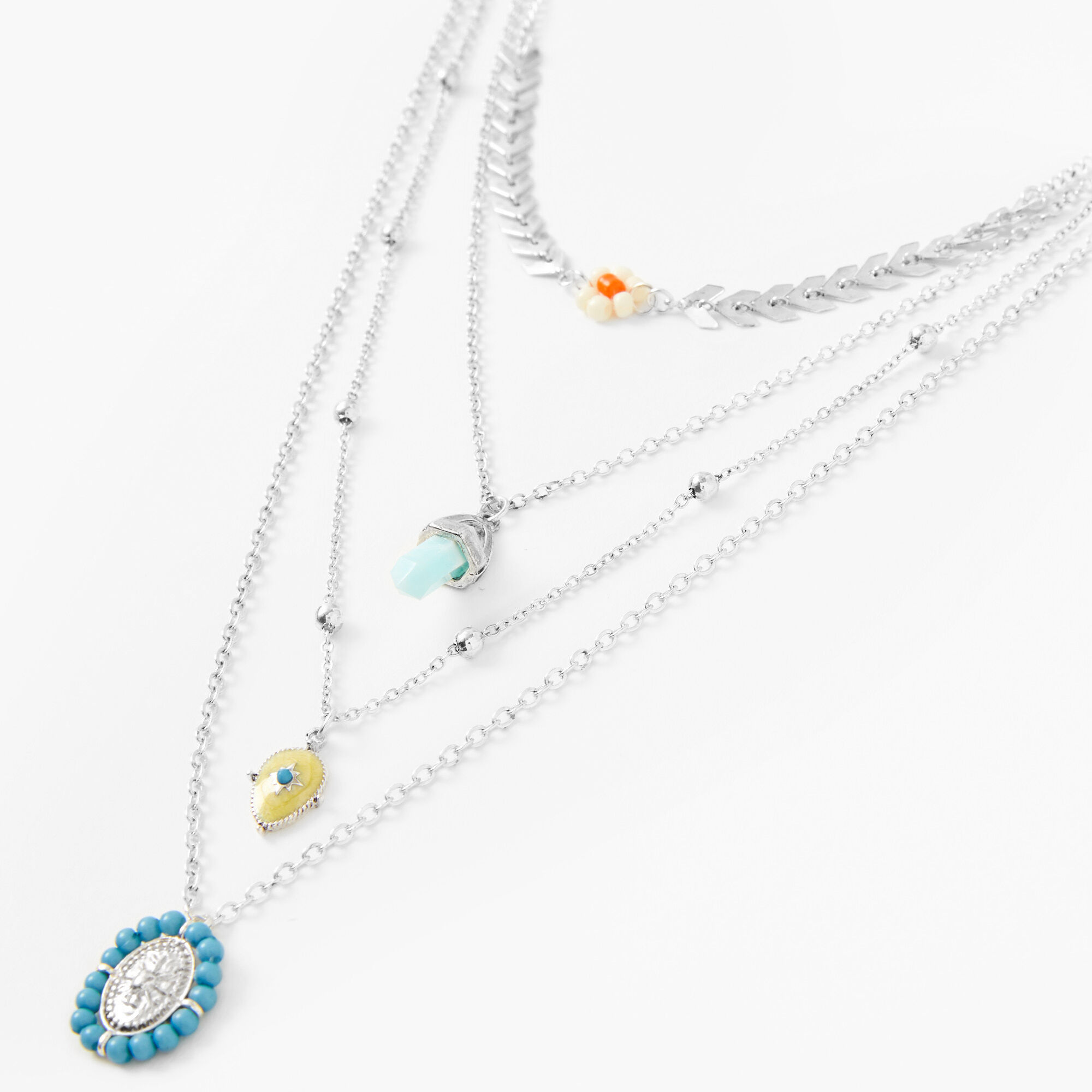 Silver Chevron Multi Strand Pendant Necklace - Blue,