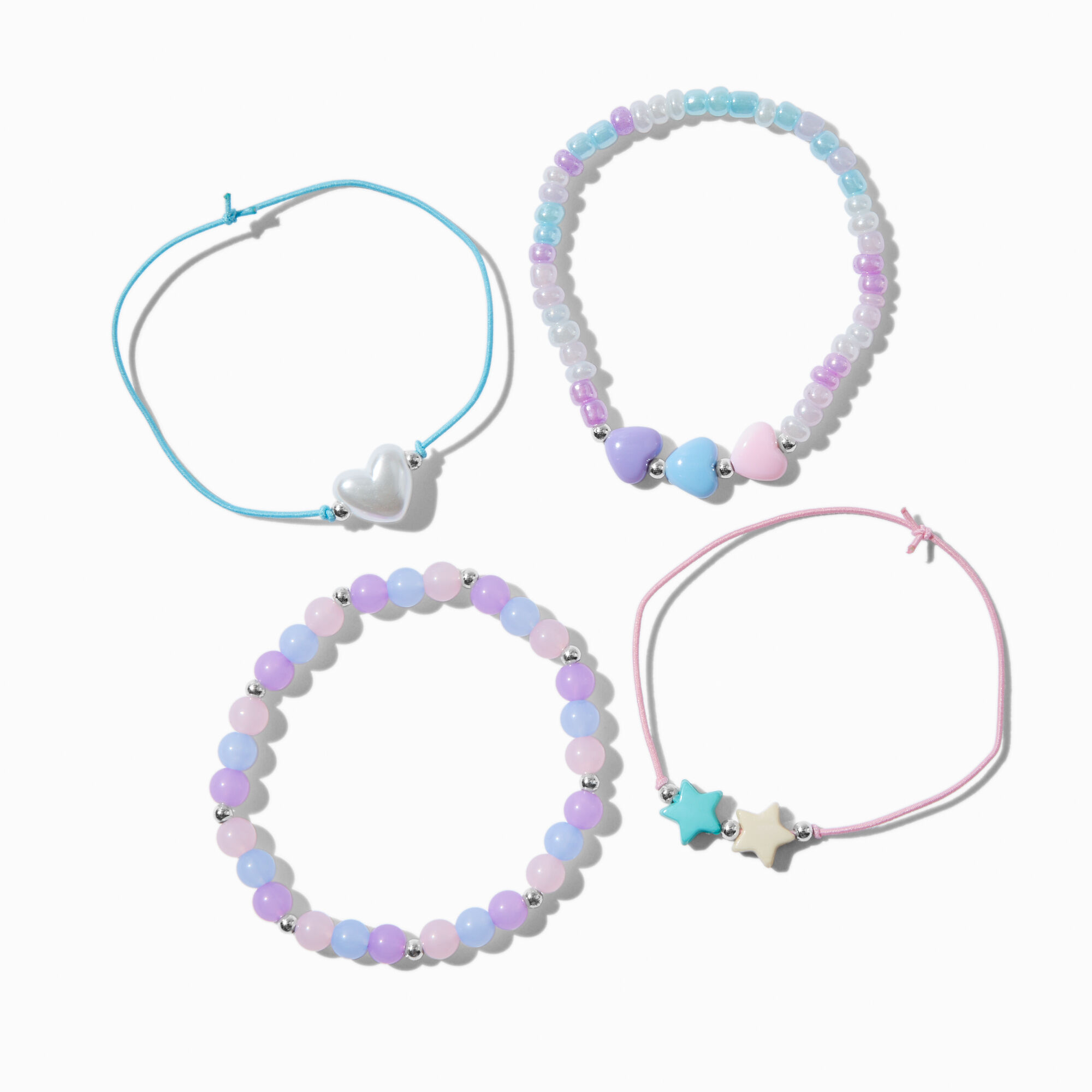 View Claires Pastel Stars Hearts Beaded Bracelet Set 4 Pack Silver information