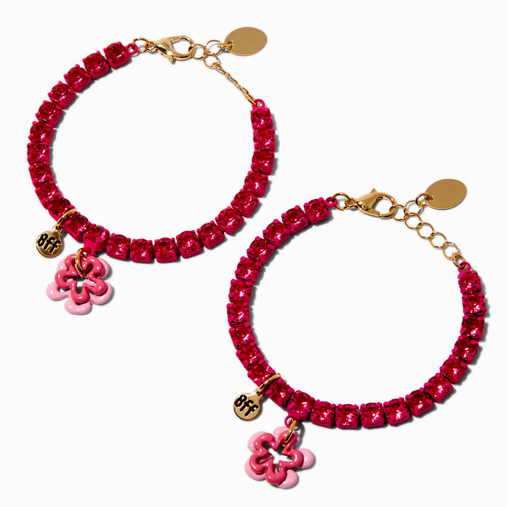 Best Friends Pink Enamel Flower Rhinestone Bracelets - 2 Pack,
