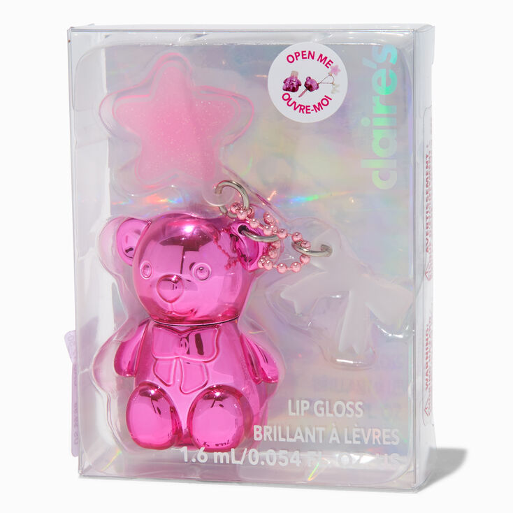 Hot Pink Teddy Bear Strawberry Lip Gloss Keychain ,