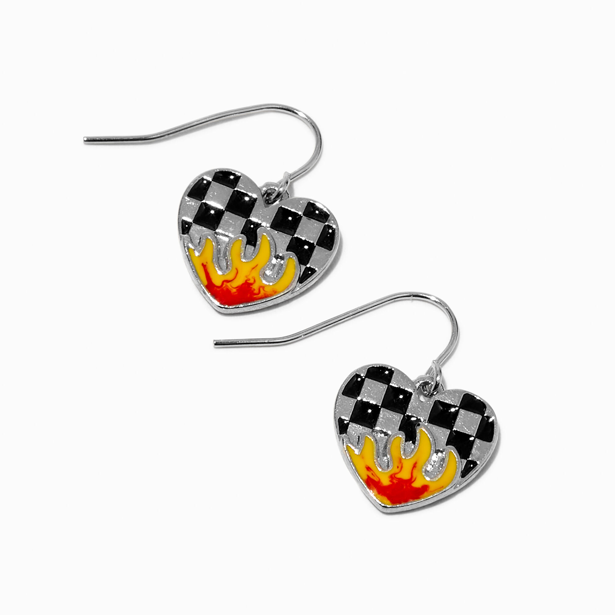 Silver Checkered Flaming Heart 0.5" Drop Earrings,