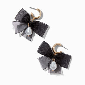 Black Organza Bow Gold-tone 15MM Hoop Earrings ,