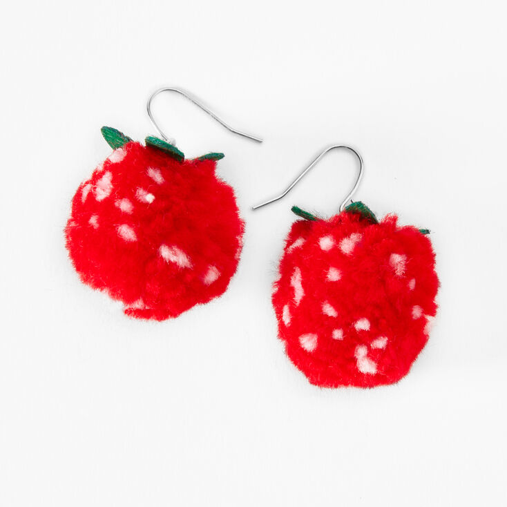 1&quot; Strawberry Pom Pom Drop Earrings - Red,