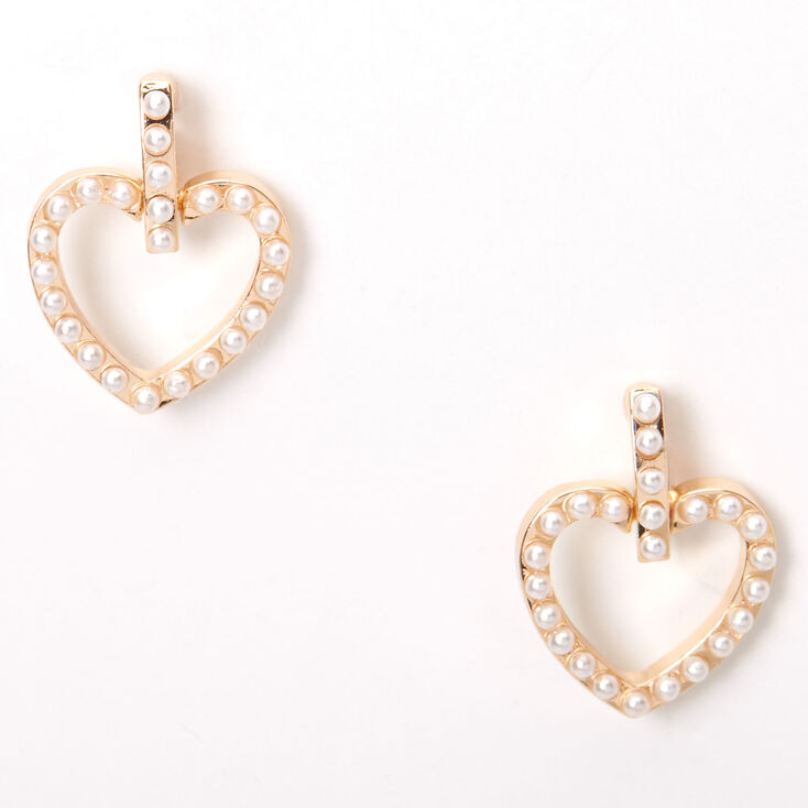 Gold Pearl Heart Dangly Stud Earrings,