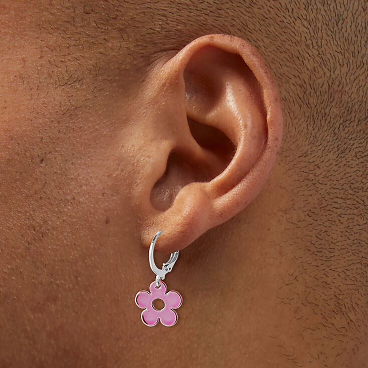 Pink Anodized Daisy Huggy Hoop Earrings,