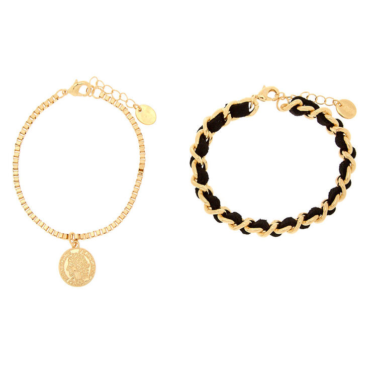 Gold Woven Coin Chain Bracelets - 2 Pack,