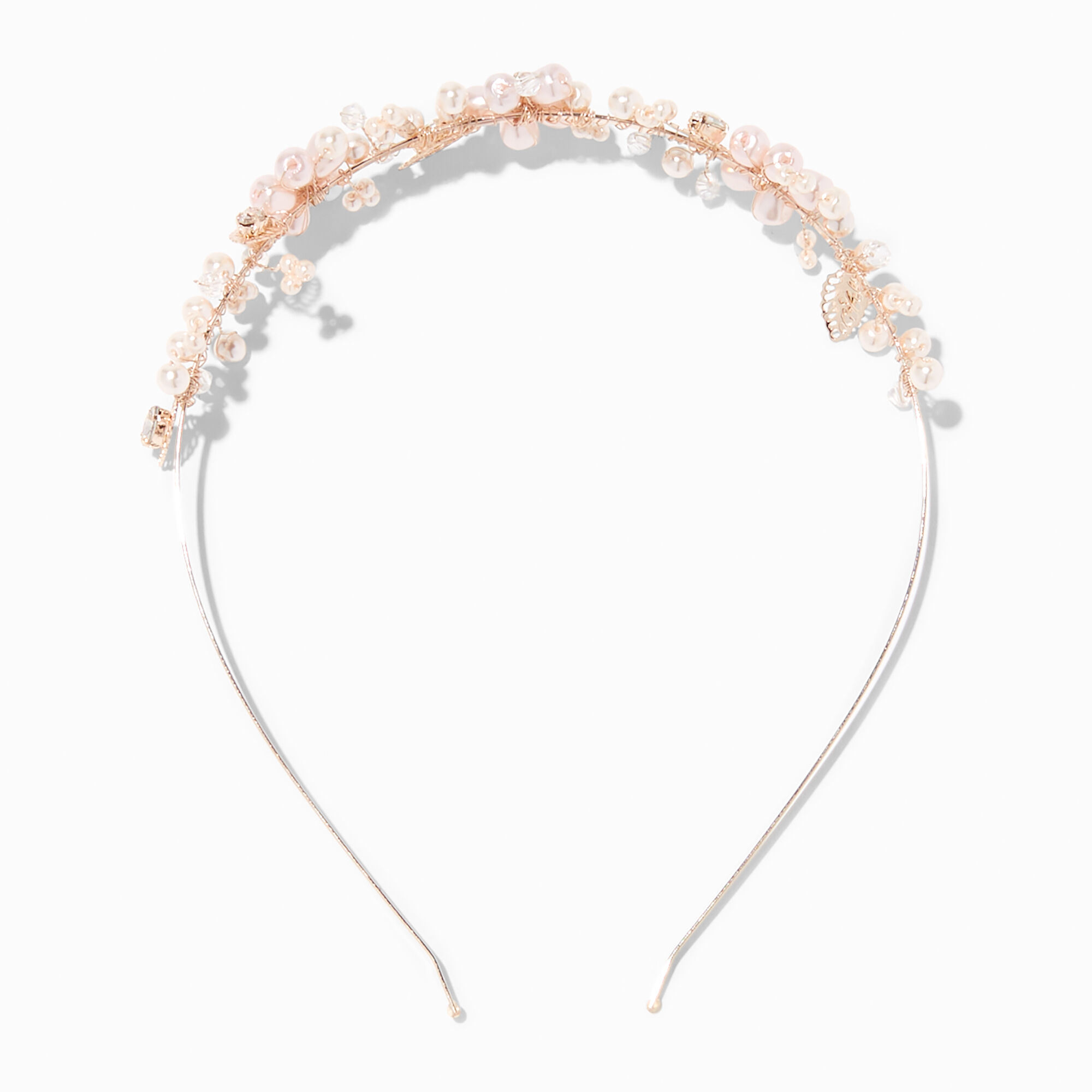 View Claires Rose Crystal Pearl Flower Headband Gold information