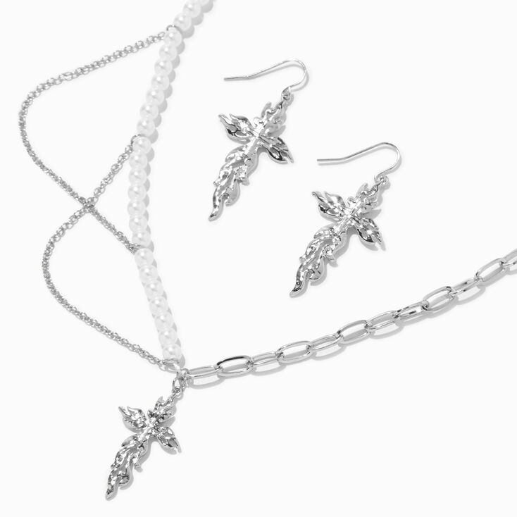 Silver &amp; Pearl Cross Necklace &amp; Drop Earrings Set - 2 Pack,