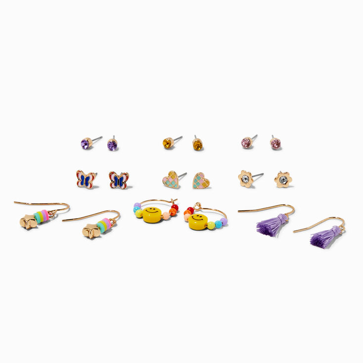 Boucles d&rsquo;oreilles perl&eacute;es diverses avec pompons - Lot de 9,