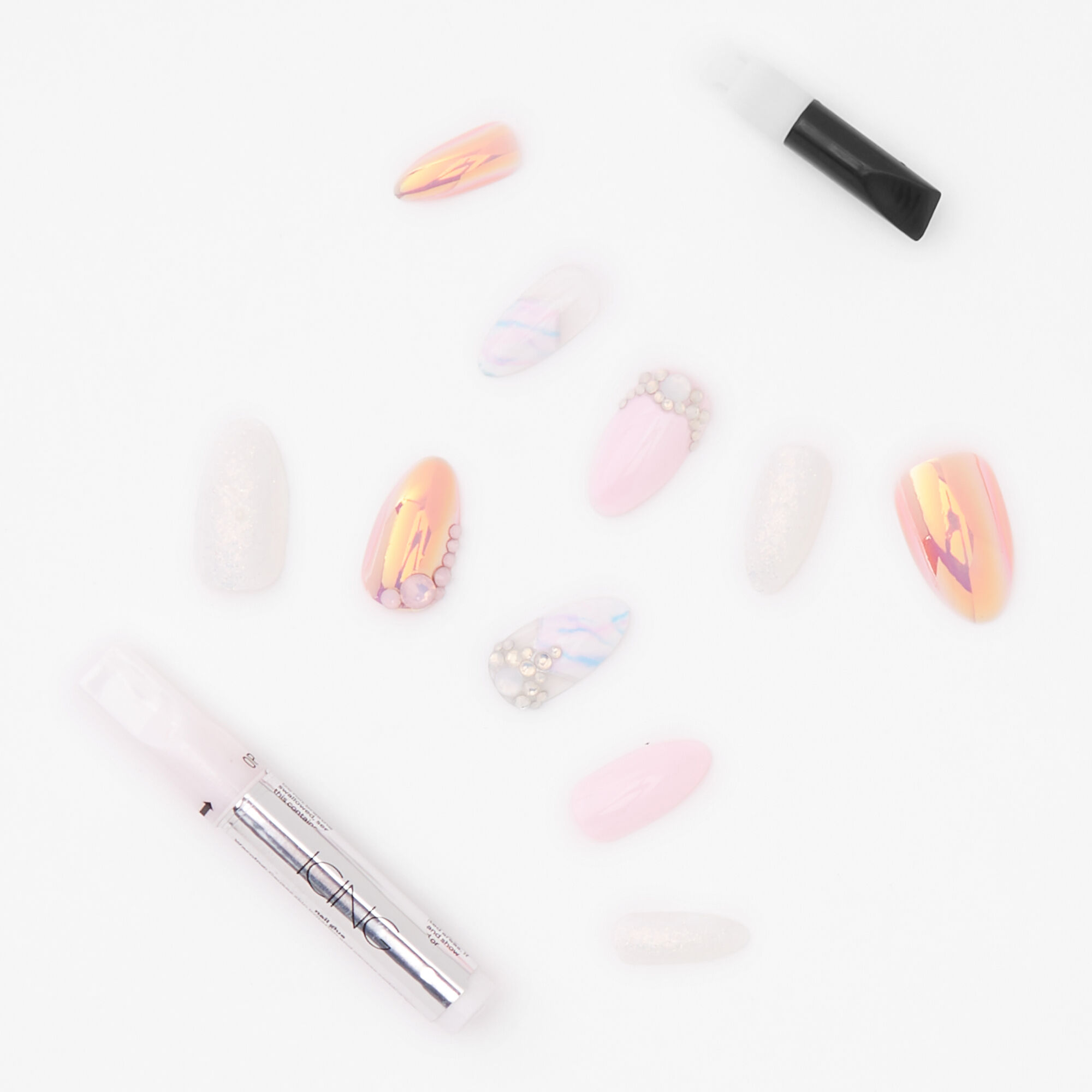 Faux ongles stiletto luxueux avec strass opalescents effet marbré - Blanc, lot de 24,