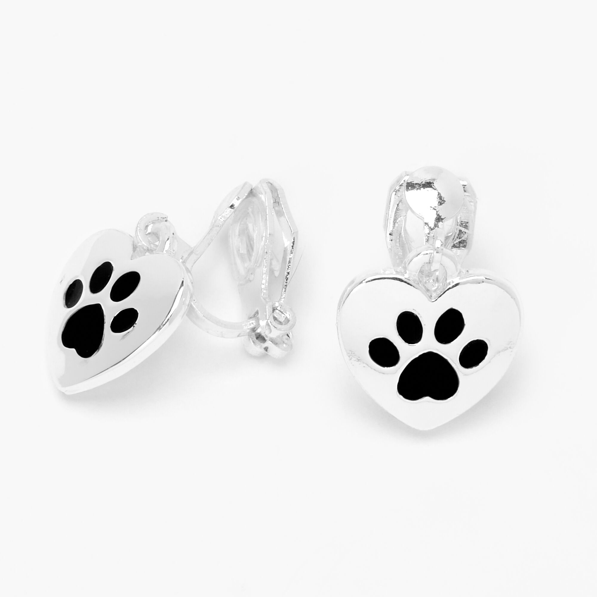 Silver 0.5'' Paw Print Clip On Drop Earrings,