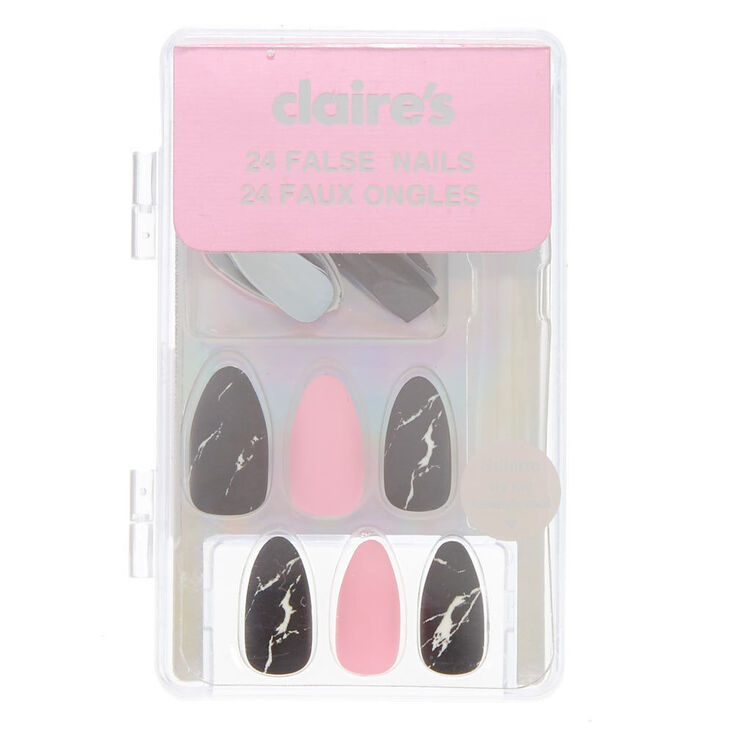 Faux ongles stiletto noirs et roses effet marbr&eacute;,