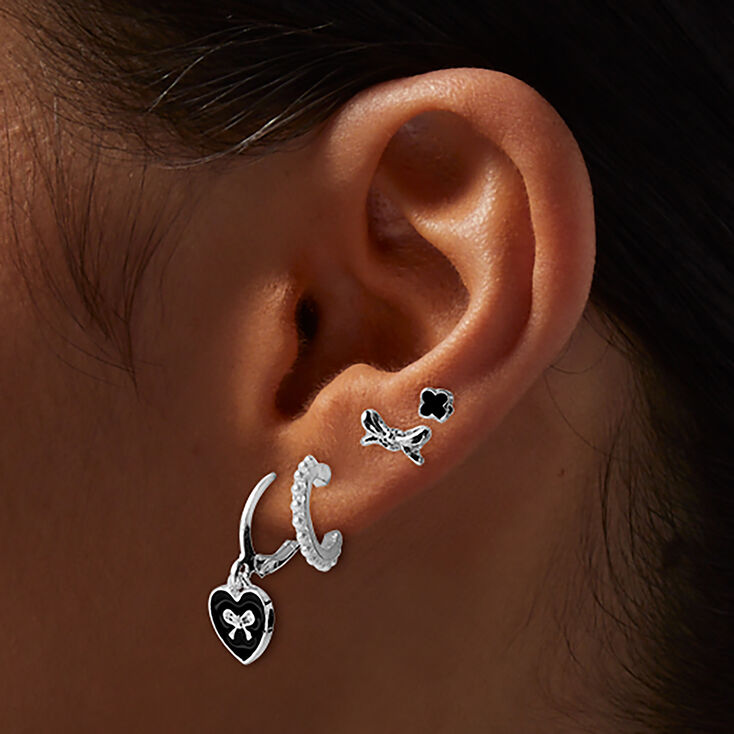 Boucles d&rsquo;oreilles superposables ballet noires couleur argent&eacute;e - Lot de 6,