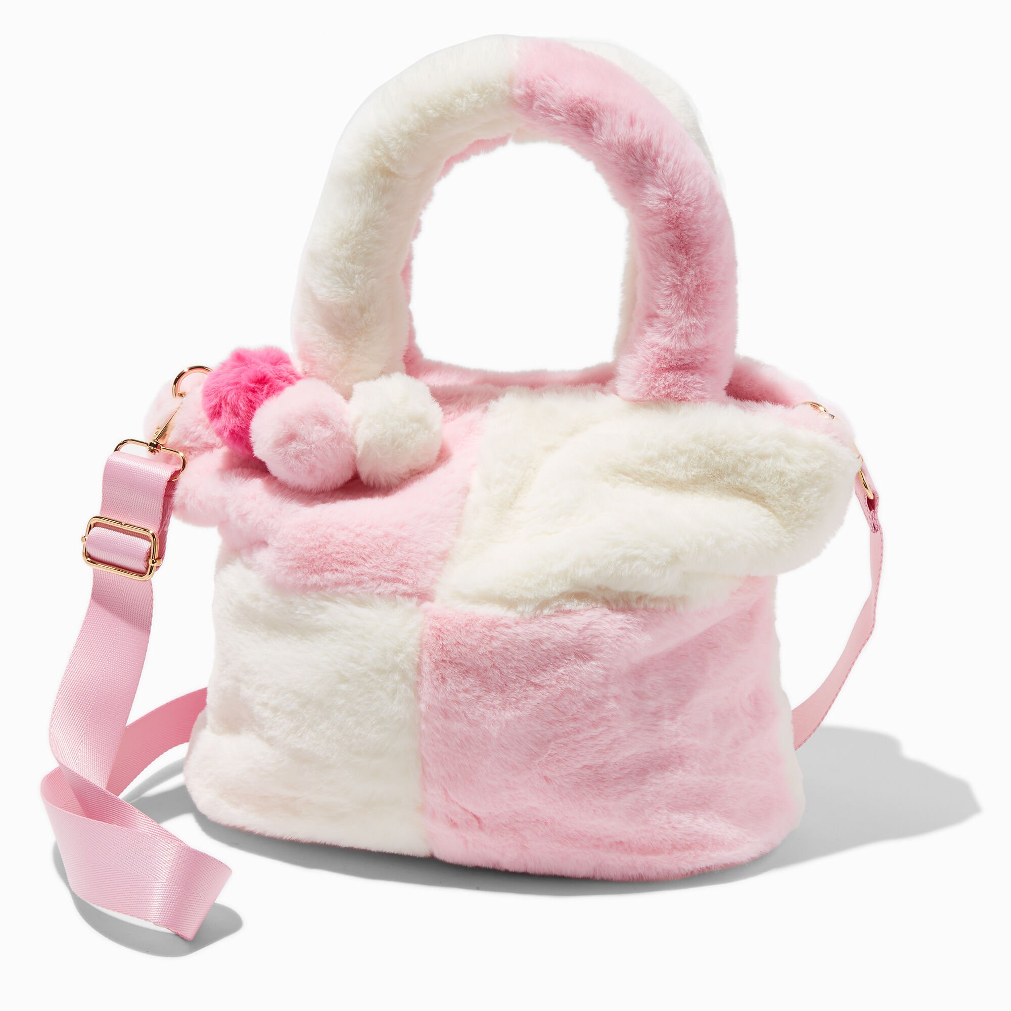 View Claires Pink Colorblock Furry Crossbody Tote Bag White information