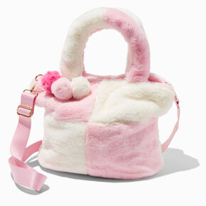 Pink &amp; White Colorblock Furry Crossbody Tote Bag,