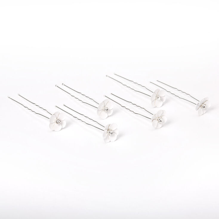 Crystal Flower Hair Pins - White, 6 Pack,
