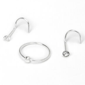 Sterling Silver 22G Ball &amp; Crystal Nose Rings - 3 Pack,