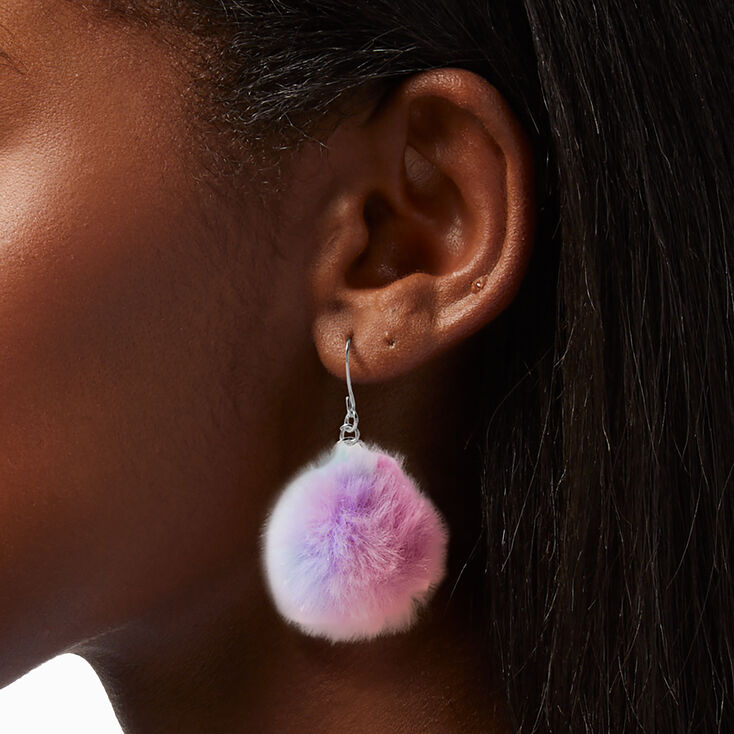 Silver 2&quot; Pink, Purple &amp; Blue Pom Pom Drop Earrings,