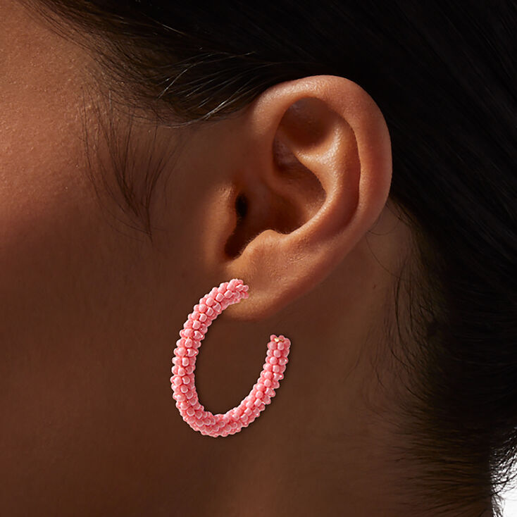 Bright Coral Beaded Hoop Earrings,
