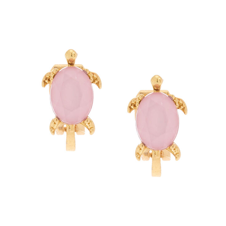 Gold Turtle Stone Clip On Earrings - Pink,