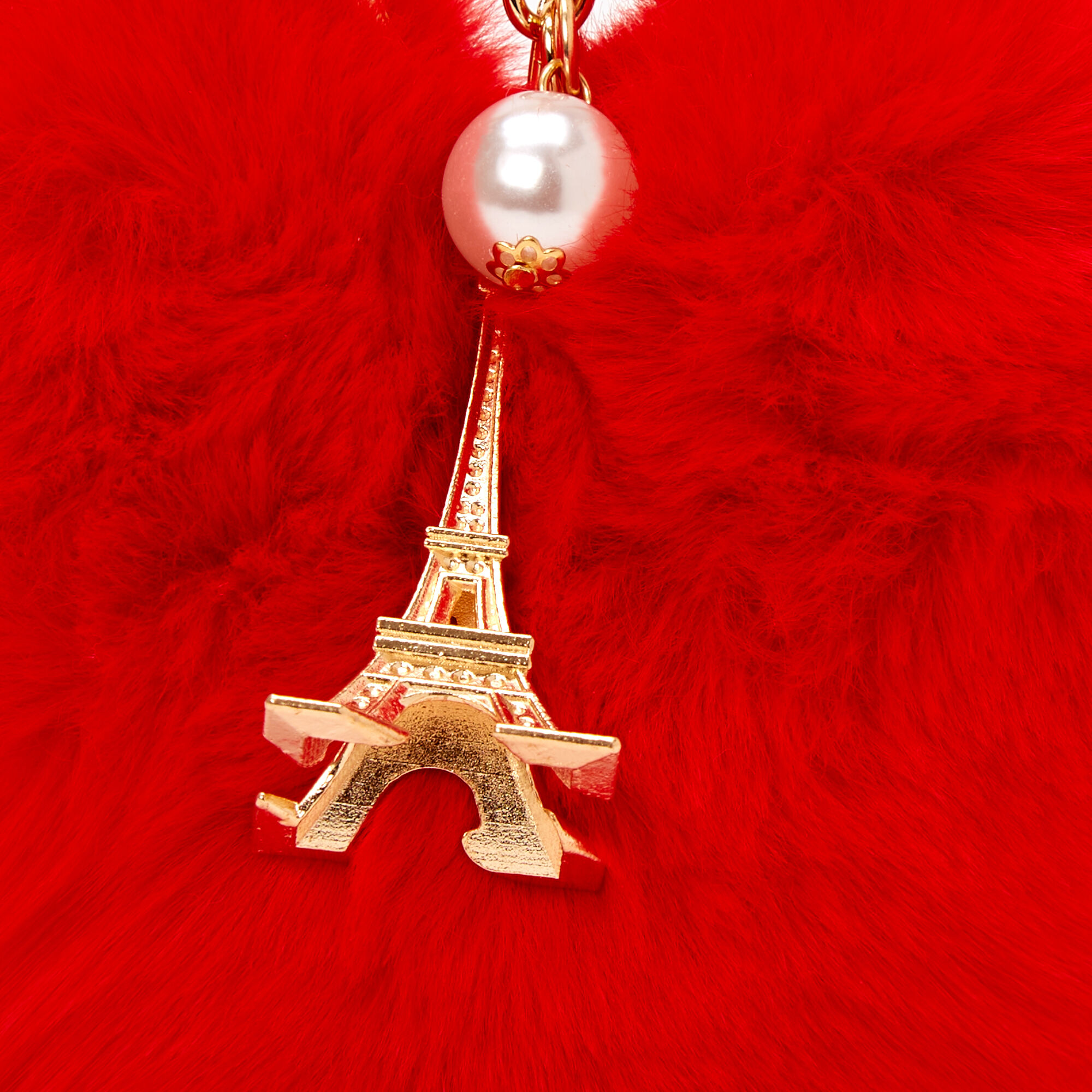 Porte-clés Tour Eiffel cœur rouge en fausse fourrure,