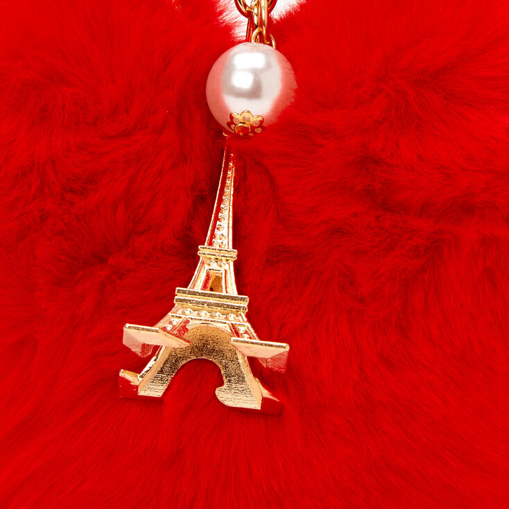 Porte-cl&eacute;s Tour Eiffel c&oelig;ur rouge en fausse fourrure,