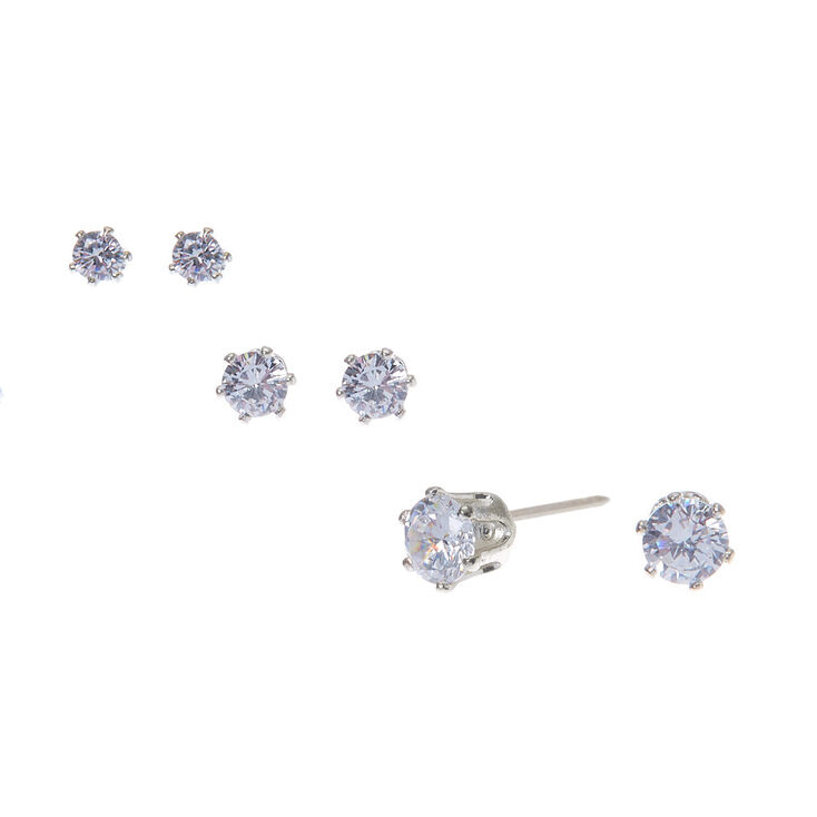 Silver-tone Cubic Zirconia 3mm, 4mm, &amp; 5mm Round Stud Earrings - 3 Pack,
