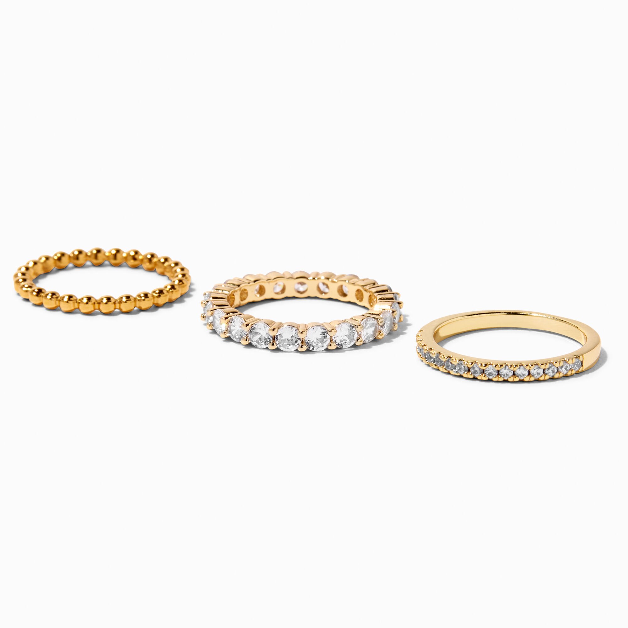 C LUXE by Claire's 18k Gold Plated Cubic Zirconia Beaded Ring Stack Set,