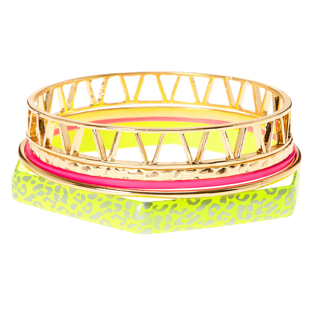 Gold & Neon Leopard Bangle Bracelets - 5 Pack,