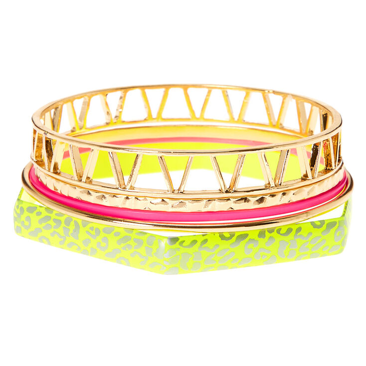 Claire's Bracelets fins bangle léopard fluo et couleur doré - Lot de 5