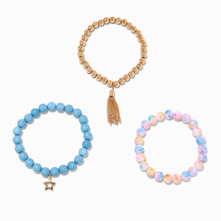 Blue Star Rainbow Marble Beaded Stretch Bracelets - 3 Pack,