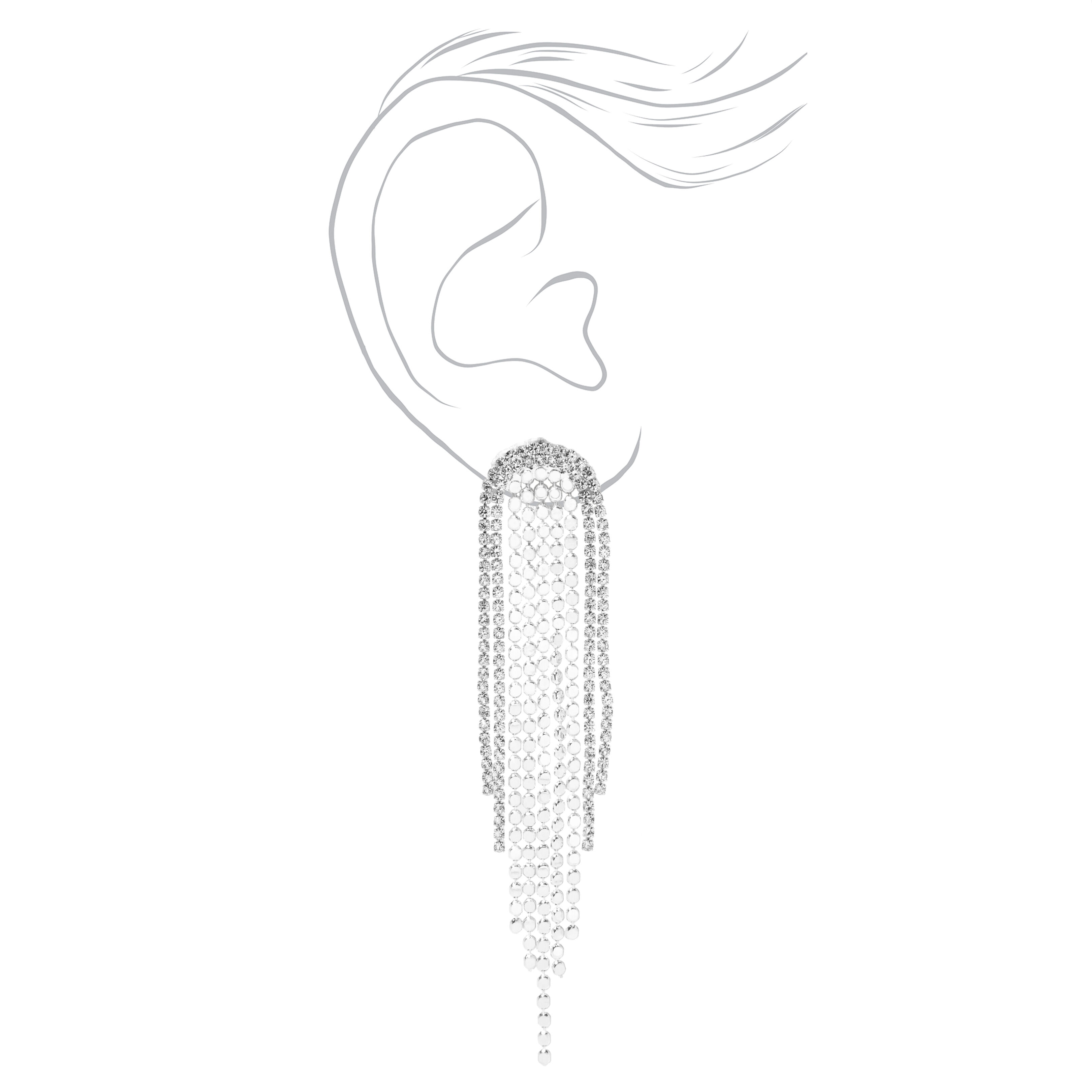 Silver Rhinestone 4" Disco Fringe Drop Earrings,