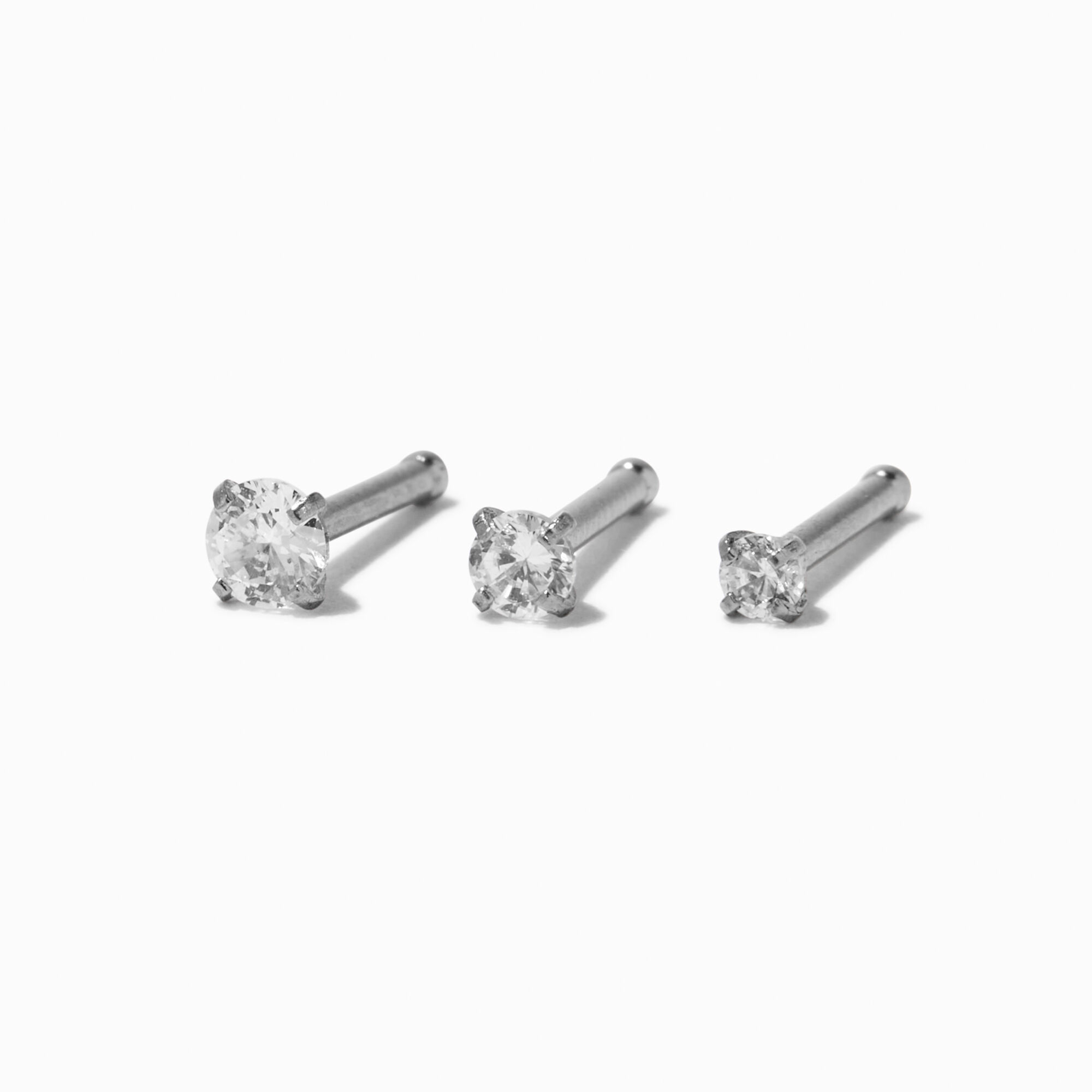 View Claires Tone Graduated Cubic Zirconia 18G Nose Rings 3 Pack Silver information