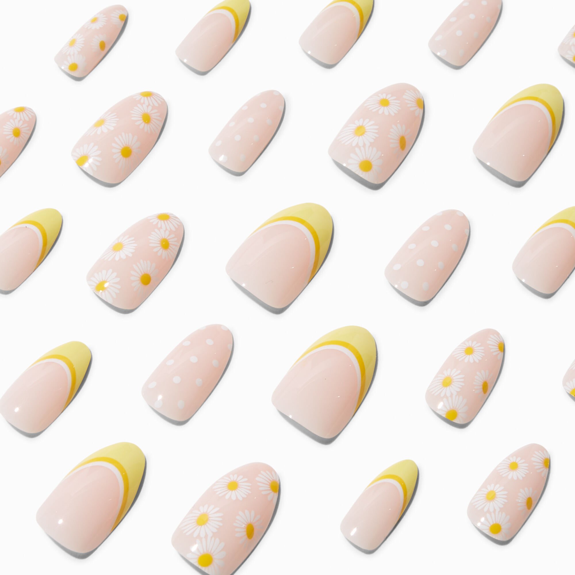 View Claires Daisies Polka Dots Almond Vegan Faux Nail Set 24 Pack Yellow information